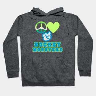 Peace, Love & Hockey Monsters  - Pacific Northwest  Retro Pop Electric Green Style Hoodie